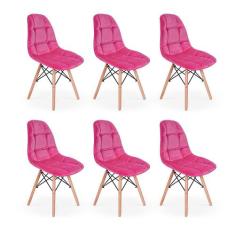 Conjunto 6 Cadeiras Eiffel Botonê Estofada Veludo Base Madeira - Rosa