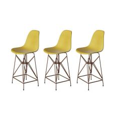Kit 3 Banquetas Bistrô Alta Eames Amarela Base Ferro Cobre - Cor: Amarelo