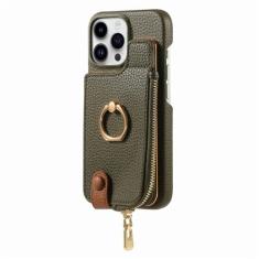Carteira de couro com zíper e porta-cartão capa de telefone para iPhone 13 12 Mini 15 14 11 Pro Max XS XR X 7 8 Plus Capa com suporte de anel, verde militar, para iPhone 14 Plus