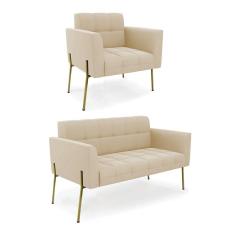 Sofá Namoradeira E Poltrona Pé De Ferro Dourado Elisa Suede Bege D03 - D'rossi