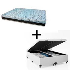 Cama Box Baú King 193 - Tecido Sintético Branco com Colchão Berlim Bello Box - D23 Azul 193x203cm
