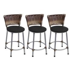 Kit 3 Banquetas Baixas Prata com Encosto Junco Capuccino Assento Preto