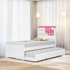 Cama Bibox Solteiro Luiza Branca e Rosa com 02 Colchões - Vitamov