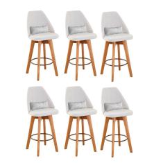 Kit 06 Banquetas Alta Maya Giratória Com Encosto Linho Bege Claro e Almofada Suede Branco - Aurora Line