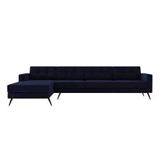 Sofá 4 Lugares Living com Chaise Esquerdo Pé Palito Linho Cotton Azul Marinho