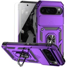 Capa para Google Pixel 9 Pro XL com capa de lente de câmera HD, camada dupla de nível militar, suporte de anel magnético testado contra quedas, suporte de suporte, capa protetora para celular para