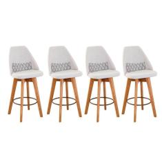 Kit 04 Banquetas Alta Maya Giratória Com Encosto Gourmet Linho Bege e Almofada Zigzag - Aurora Line