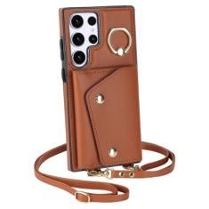 Capa de telefone carteira crossbody para Samsung Galaxy S21 FE S23 S22 Plus Note 20 Ultra A54 A53 A14 5G slot para cartão capa de couro com cordão, marrom, para Galaxy S21 FE