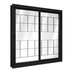Janela de Aço de Correr Lateral 1 Folha Móvel e 1 Folha Fixa com Grade Quadrada 100x120cm Aço Pronto Riobras Preto