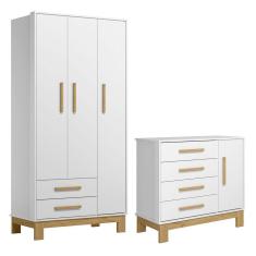 Quarto de Bebê com Roupeiro 4340 e Cômoda 4355 Qencanto Slim Qmovi Branco Acetinado