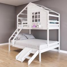 Beliche Casinha com Janela Casal/Solteiro com Escada/Escorregador Madeira Maciça Branco Housin