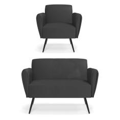 Sofá Namoradeira Com Poltrona Pés Palito De Ferro Bruna Corino - D`rossi Cor Preto