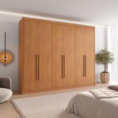 Guarda Roupa Casal 6 Portas com Puxador de Madeiras 8 Gavetas Cinamomo