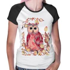 Baby Look Raglan Coruja e Folhas - Foca na Moda, Branco, Preto, P
