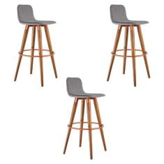 Kit 3 Banquetas Altas Luxo Versatil Aço Cobre Linho Cinza Base Carvalh