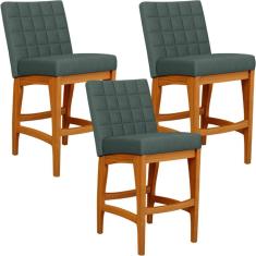 Kit 3 Banquetas Baixa Mila L02 Madeira Linho Verde Musgo Lyam Decor