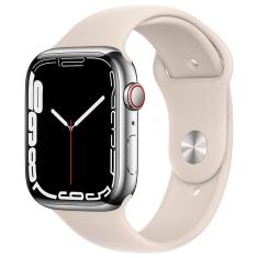 Apple Watch Series 7 GPS + Cellular, 41mm Caixa Prateada de de Aço Inoxidável com Pulseira Esportiva Estelar
