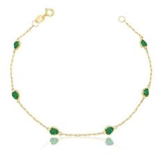 Pulseira Ouro 18K Pedras Zircônias Coração 4mm 19cm Verde Esmeralda -