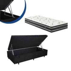Cama Box Baú Solteiro Colchão Espuma D33 Bordado + Box Sintético Preto 53x88x188