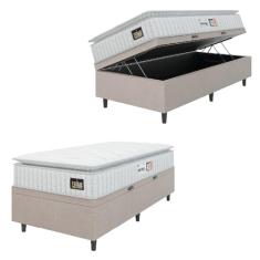 Cama Box Baú Colchão Solteiro Espuma D33 Vangogh Pillow Top 88x188x70cm Branco/Bege Hellen - Suporta até 120kg por Pessoa