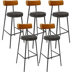 Kit 05 Banquetas Alta Cozinha Sala De Jantar Milão L02 Couríssimo Whisky Linho Chumbo - Lyam Decor