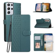 Asuwish Capa de telefone para Samsung Galaxy S21 Plus S21+ 5G capa carteira com protetor de tela de vidro temperado e alça de pulso flip porta-cartão de crédito slot celular S21+5G S21plus 21S + S 21