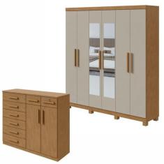 Conjunto de Guarda-roupa 6 Portas com Espelho e Pés Jazz e Cômoda Toro