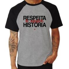 Camiseta Raglan Respeita a minha História - Foca na Moda, Cinza, Preto