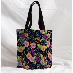 Bolsa Sacola Artesanal de Tecido Flores e Folhas Tropicais Fundo Preto