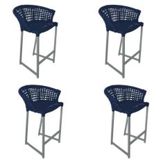 Kit 4 Banquetas Reis em Corda Náutica e Base em Alumínio Cinza para Ár