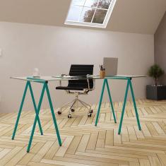 Escrivaninha De Vidro Itaim Cavalete Base Ferro Azul Turquesa - Preto