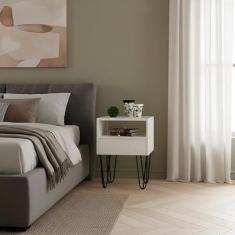 Mesa de Cabeceira Lateral Nicho com Gaveteiro Pés Hairpin Legs Estilo Industrial Branco Laca