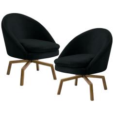 Kit 2 Poltronas Decorativas Giratórias Base Ka Madeira Rafa C-300 Veludo Preto - Domi