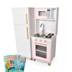Mini Cozinha Infantil com Geladeira Kit Livro Educativo em Madeira - Rosa Bebê