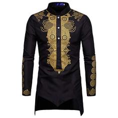 Blusa masculina WSLCN com estampa Dashiki africana, manga comprida, primavera, outono, Preto, Bust 42.9" (Asian L)