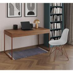 Escrivaninha Industrial Escritório Amêndoa 137x53cm Malta com 1 Cadeira Eames Eiffel Branca Base Cob