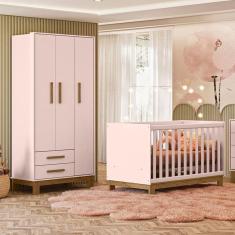 Quarto de Bebê Qencanto Slim com Roupeiro 4340 e Berço Mini Cama 4315 Qmovi Rosa Acetinado