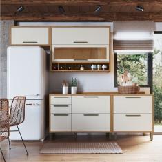 Cozinha Compacta 200cm com 4 Peças 4 Prateleiras e Vidro Reflecta 100% MDF Vicenza Espresso Móveis Amêndoa/Off White