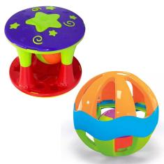 Kit 2 Brinquedos Torre Bolinha Chocalho Sensorial Para Bebê