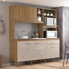 Cozinha Compacta 5 Portas 1 Gaveta Ipê/Cristalo - Decibal, Marrom Clar