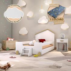 Cama Infantil Montessoriana Com Colchão E Escadinha Solteiro Ayla Branca E Natural + Luminária Led