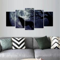 Quadro Lua Cheia Silhueta Uivo do Lobo Mosaico 5 Peças