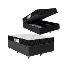 Cama Box Baú Casal Bipartido + Colchão D33 One Face - 61x138x188cm - Couro Preto