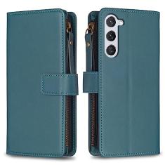 Capa com alça de pulso para Samsung Galaxy S23, 9 compartimentos para cartão, 1 carteira de couro com zíper, função de suporte, fecho magnético, capa para celular compatível com Samsung Galaxy S23 5G