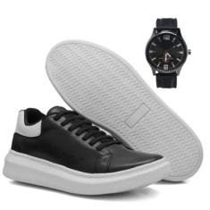 Tenis Casual Masculino Sport Fino Sola Antiderrapante + Relógio Ponteiro Preto-Masculino