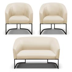 Sofá Namoradeira e 2 Poltronas Base Industrial Preto Stella Corino Bege D03 - D`Rossi
