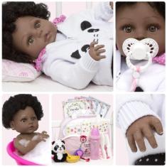 Boneca Reborn Realista Negra Linda Enxoval Panda Itens Luxo - Cegonha 