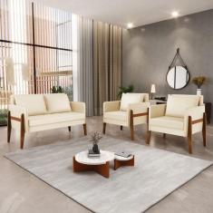 Kit 1 Sofá Namoradeira e 2 Poltronas Lana material sintético Bege Base
