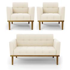 Sofá Namoradeira e 2 Poltronas Base Madeira Castanho Elisa Veludo D03 - D'Rossi