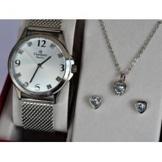 Relogio champion feminino prateado + kit semi joia cn24093y lançamento